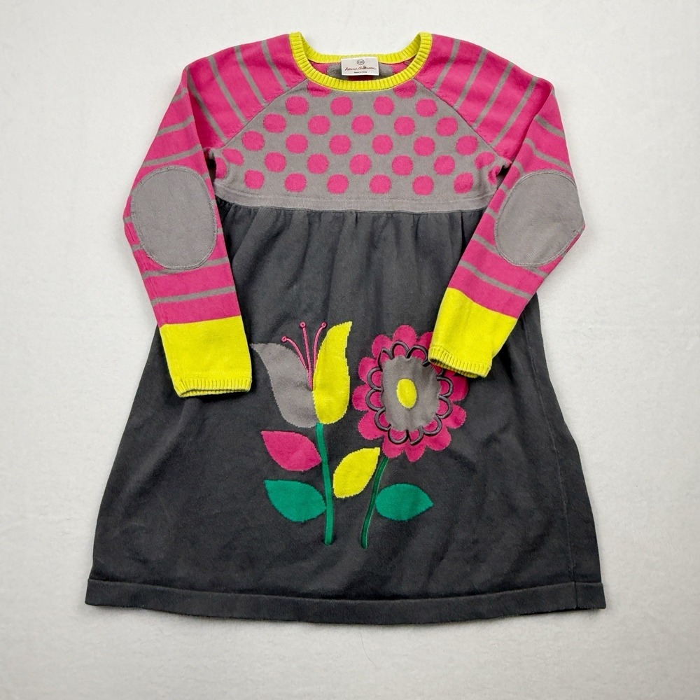 Hanna Andersson Girls Dress Size 120 Gray Pink Yellow Floral Cotton Long Sleeve
